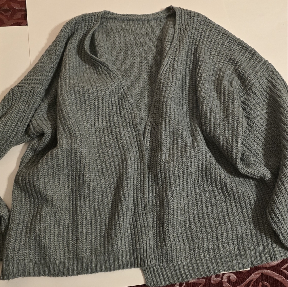 Gray Ribbed Knit Oversized Cardigan Sweater